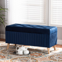 Baxton Studio HY2A19B046S-Navy Blue Velvet-Otto Baxton Studio Hanley Modern and Contemporary Navy Blue Velvet Fabric Upholstered and Walnut Brown Finished Wood Storage Ottoman
